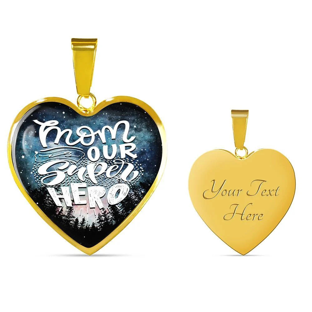 Mom Our Super Hero Necklace Personalized Engraved Gold Heart Necklace Custom Na